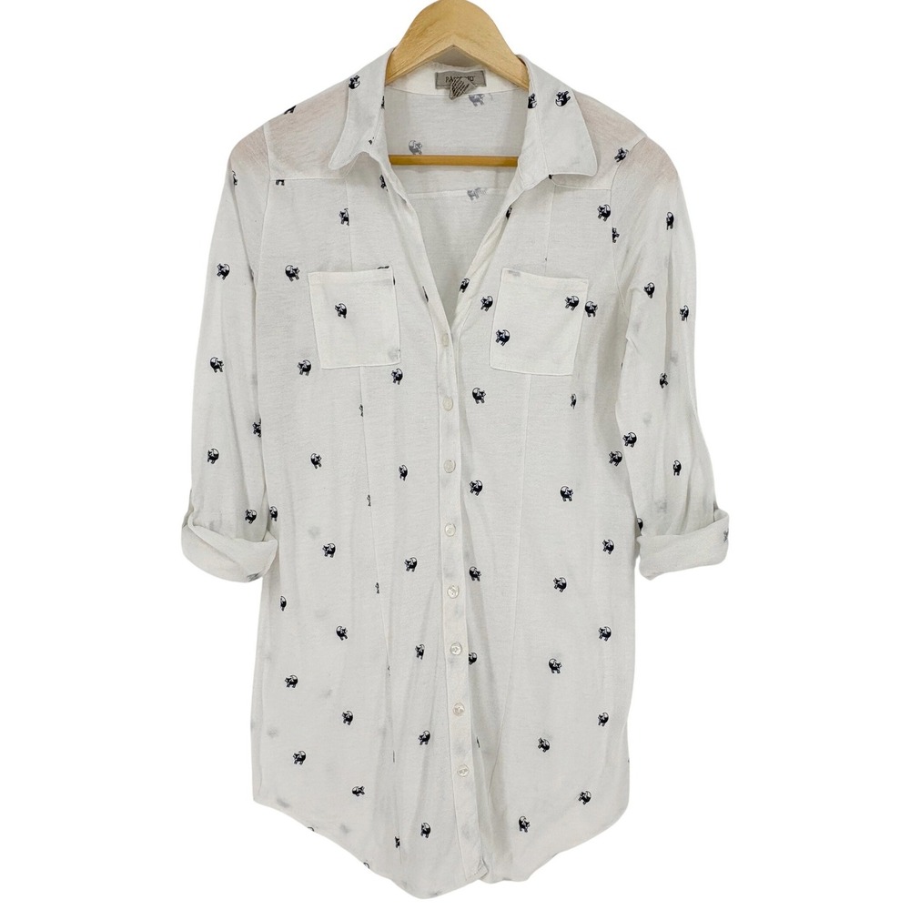 Passport Fox Print Button Down Shirt Dress Medium White Roll Tab Whimsical